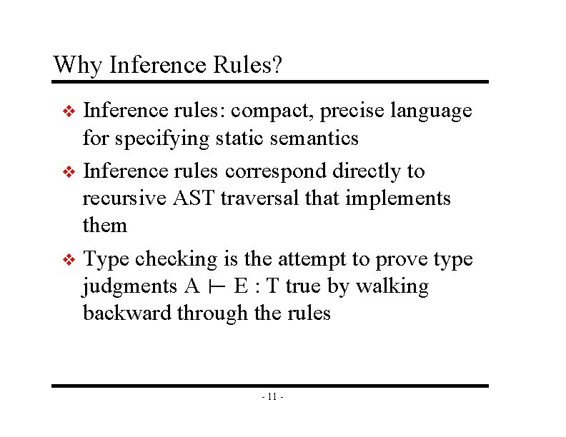 Why Inference Rules? Inference rules: compact, precise language for specifying static semantics v Inference