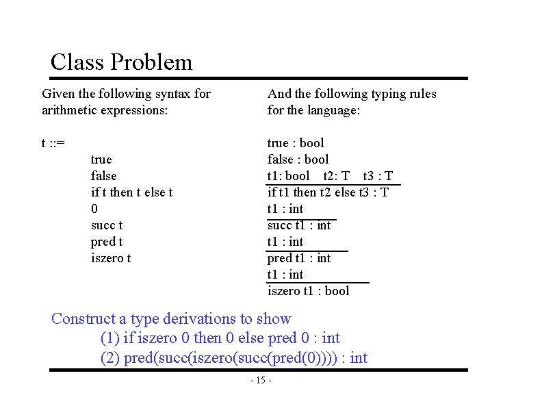 Class Problem Given the following syntax for arithmetic expressions: And the following typing rules