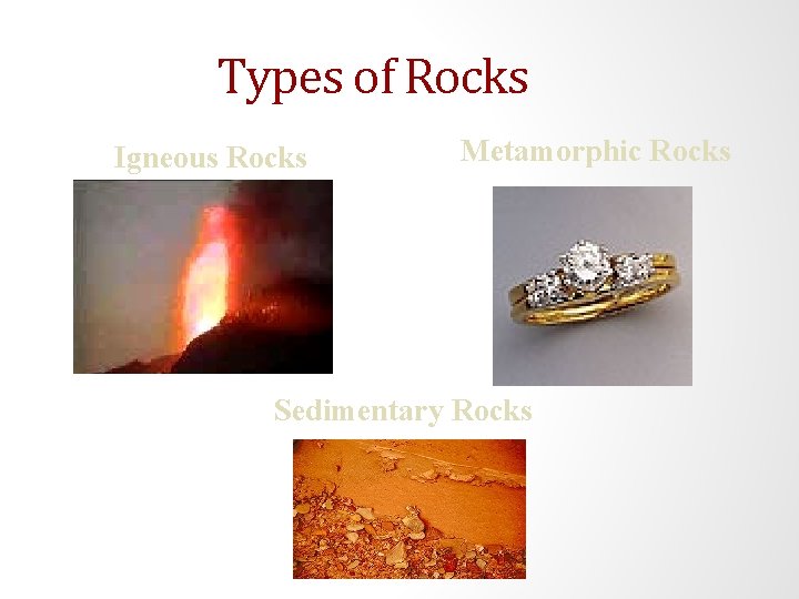 Types of Rocks Igneous Rocks Metamorphic Rocks Sedimentary Rocks 