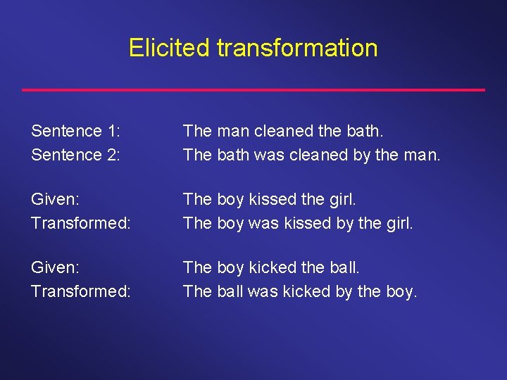 Elicited transformation Sentence 1: Sentence 2: The man cleaned the bath. The bath was