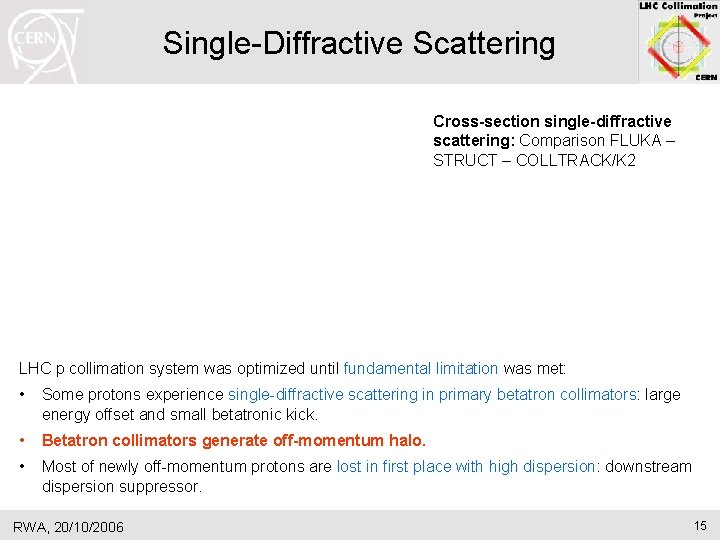 Single-Diffractive Scattering Cross-section single-diffractive scattering: Comparison FLUKA – STRUCT – COLLTRACK/K 2 LHC p Single-Diffractive Scattering Cross-section single-diffractive scattering: Comparison FLUKA – STRUCT – COLLTRACK/K 2 LHC p