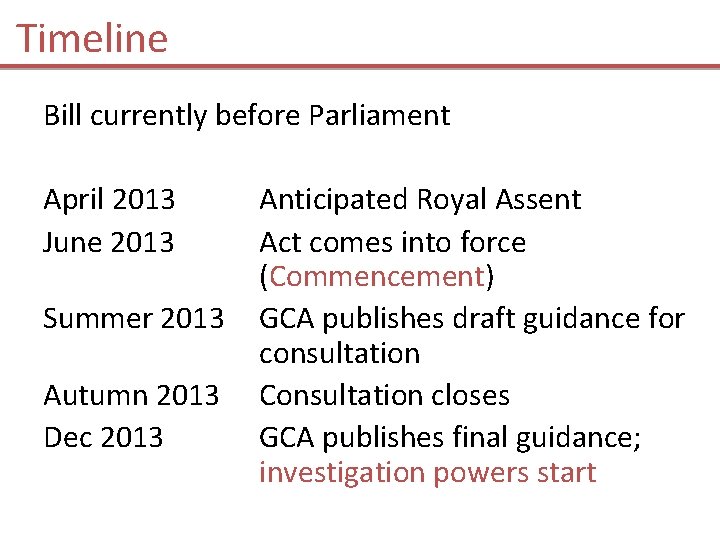 Timeline Bill currently before Parliament April 2013 June 2013 Summer 2013 Autumn 2013 Dec