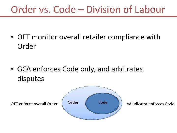 Order vs. Code – Division of Labour • OFT monitor overall retailer compliance with