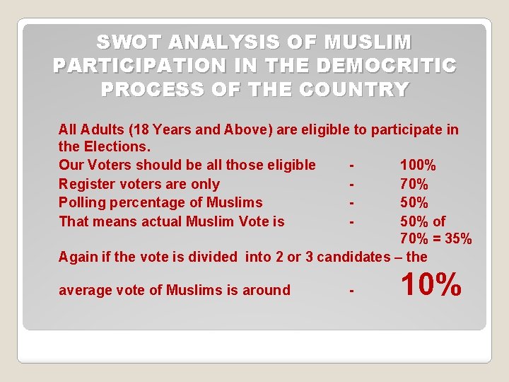 SWOT ANALYSIS OF MUSLIM PARTICIPATION IN THE DEMOCRITIC PROCESS OF THE COUNTRY All Adults