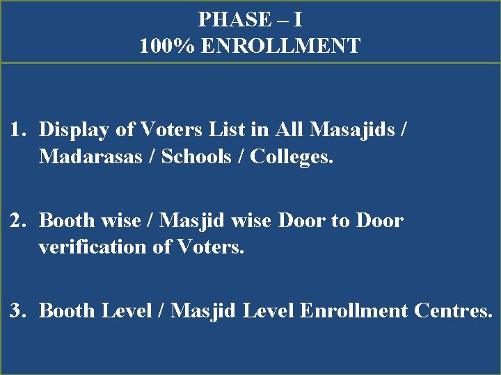 PHASE – I 100% ENROLLMENT 1. Display of Voters List in All Masajids /