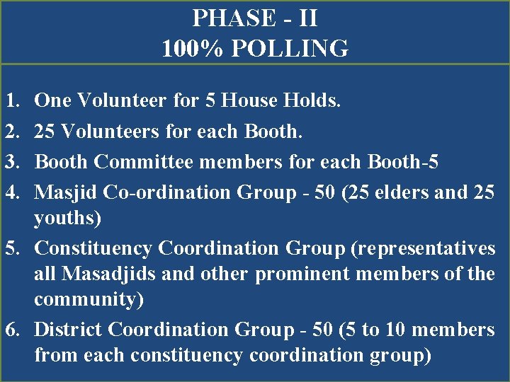 PHASE - II 100% POLLING 1. 2. 3. 4. One Volunteer for 5 House