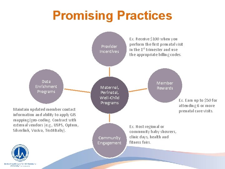 Promising Practices Provider Incentives Data Enrichment Programs Maternal, Perinatal, Well-Child Programs Maintain updated member