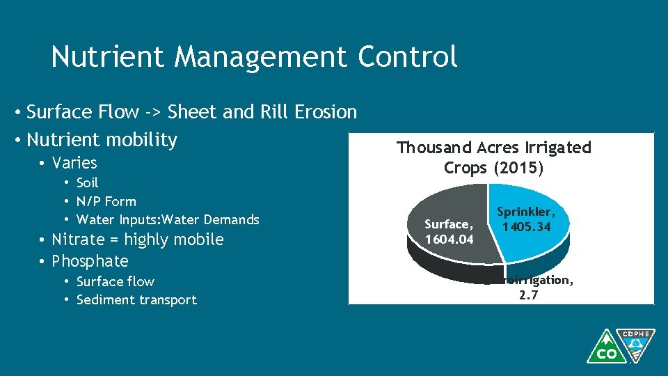 Nutrient Management Control • Surface Flow -> Sheet and Rill Erosion • Nutrient mobility