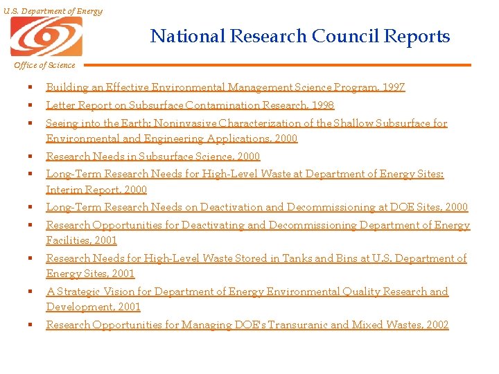 U. S. Department of Energy National Research Council Reports Office of Science § Building U. S. Department of Energy National Research Council Reports Office of Science § Building