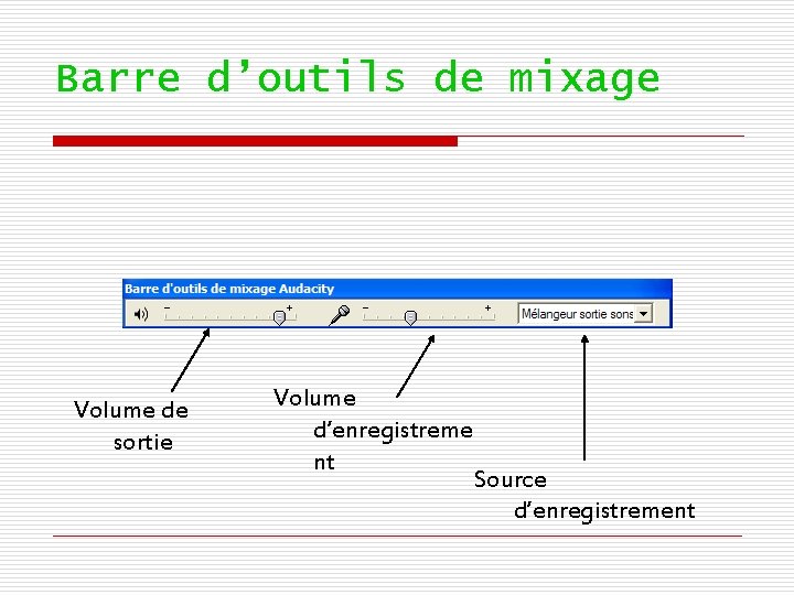 Barre d’outils de mixage Volume de sortie Volume d’enregistreme nt Source d’enregistrement 