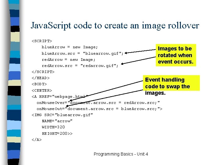 Java. Script code to create an image rollover <SCRIPT> blue. Arrow = new Image;