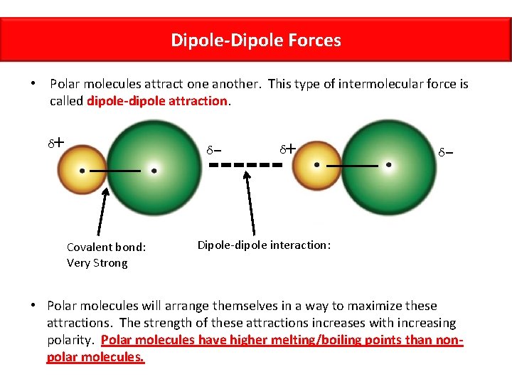 Dipole-Dipole Forces • Polar molecules attract one another. This type of intermolecular force is