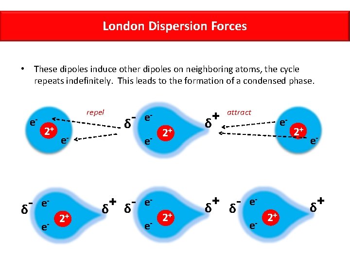 London Dispersion Forces • These dipoles induce other dipoles on neighboring atoms, the cycle