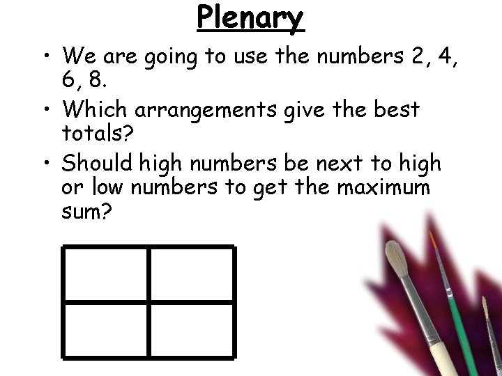 Plenary • We are going to use the numbers 2, 4, 6, 8. •