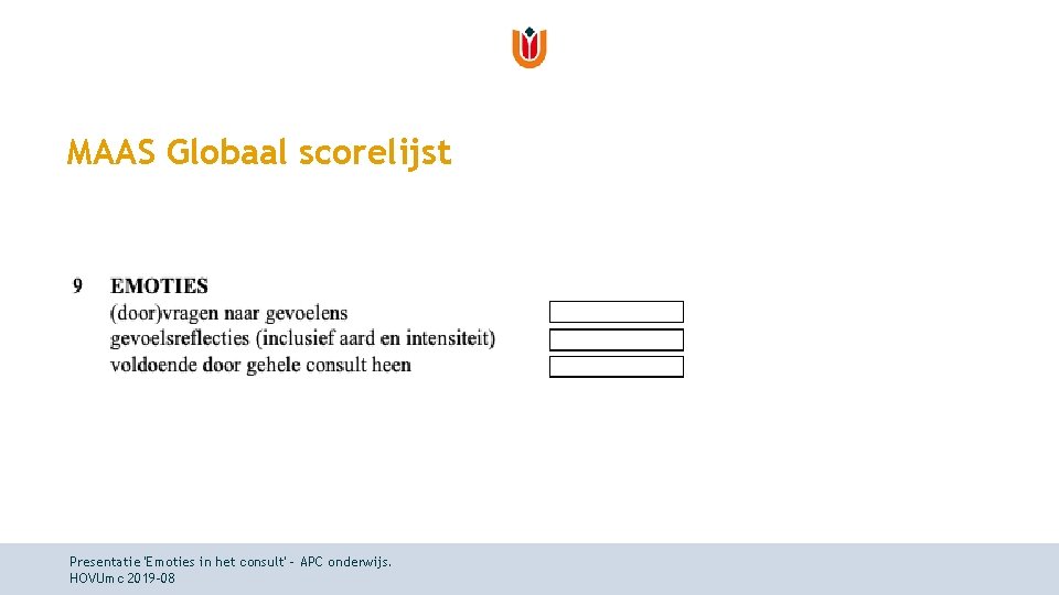 MAAS Globaal scorelijst Presentatie 'Emoties in het consult' - APC onderwijs. HOVUmc 2019 -08