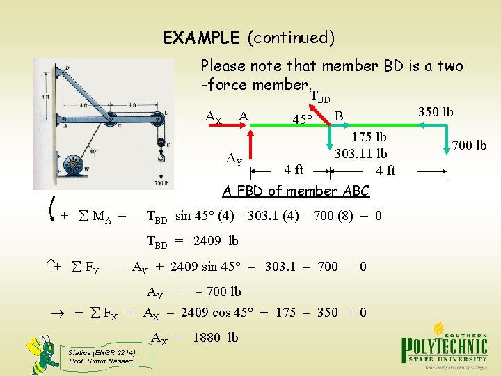 EXAMPLE (continued) Please note that member BD is a two -force member. TBD AX