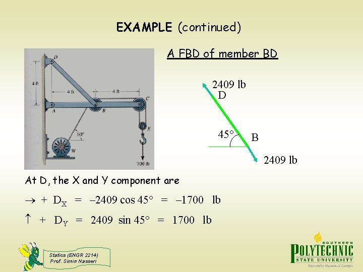 EXAMPLE (continued) A FBD of member BD 2409 lb D 45° B 2409 lb