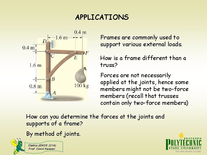 APPLICATIONS Frames are commonly used to support various external loads. How is a frame