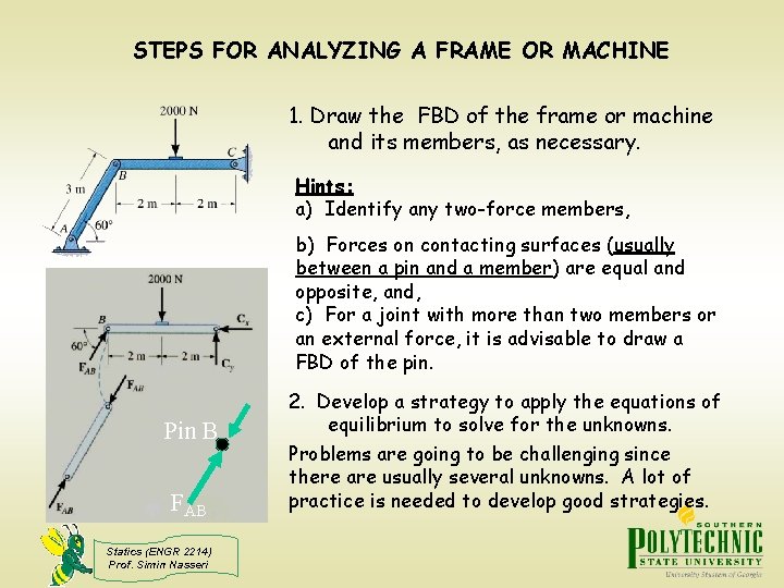 STEPS FOR ANALYZING A FRAME OR MACHINE 1. Draw the FBD of the frame