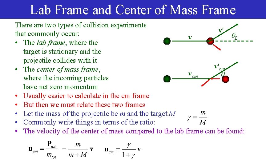 Lab Frame and Center of Mass Frame There are two types of collision experiments