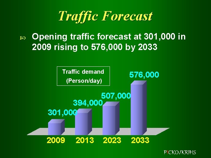 Traffic Forecast Opening traffic forecast at 301, 000 in 2009 rising to 576, 000