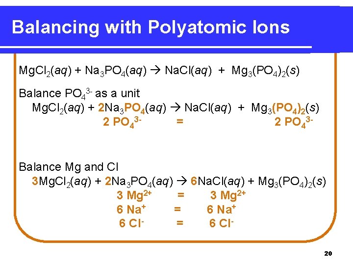 Balancing with Polyatomic Ions Mg. Cl 2(aq) + Na 3 PO 4(aq) Na. Cl(aq) Balancing with Polyatomic Ions Mg. Cl 2(aq) + Na 3 PO 4(aq) Na. Cl(aq)