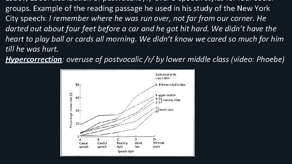 Labov, 1966: distribution of postvocalic /r/ over 5 speech styles for four social groups. Labov, 1966: distribution of postvocalic /r/ over 5 speech styles for four social groups.