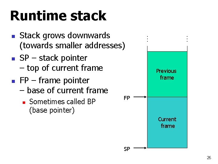 Runtime stack n n Sometimes called BP (base pointer) … n Stack grows downwards