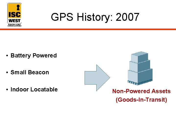 GPS History: 2007 • Battery Powered • Small Beacon • Indoor Locatable Non-Powered Assets