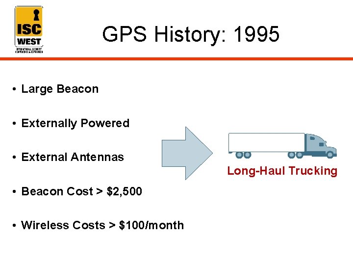 GPS History: 1995 • Large Beacon • Externally Powered • External Antennas Long-Haul Trucking