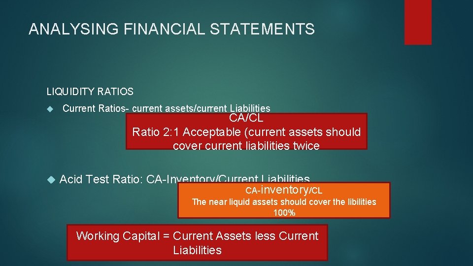ANALYSING FINANCIAL STATEMENTS LIQUIDITY RATIOS Current Ratios- current assets/current Liabilities Acid Test Ratio: CA-Inventory/Current