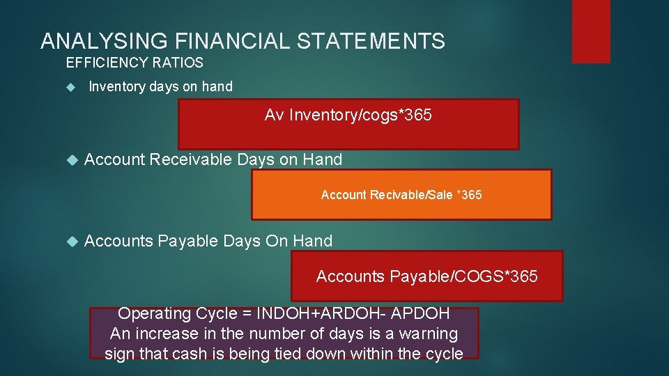 ANALYSING FINANCIAL STATEMENTS EFFICIENCY RATIOS Inventory days on hand Av Inventory/cogs*365 Account Receivable Days