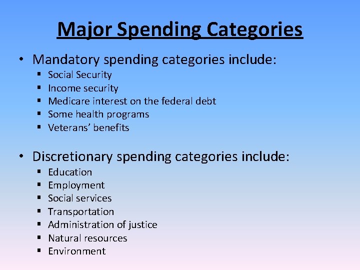 Major Spending Categories • Mandatory spending categories include: § § § Social Security Income