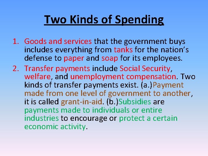 Two Kinds of Spending 1. Goods and services that the government buys includes everything