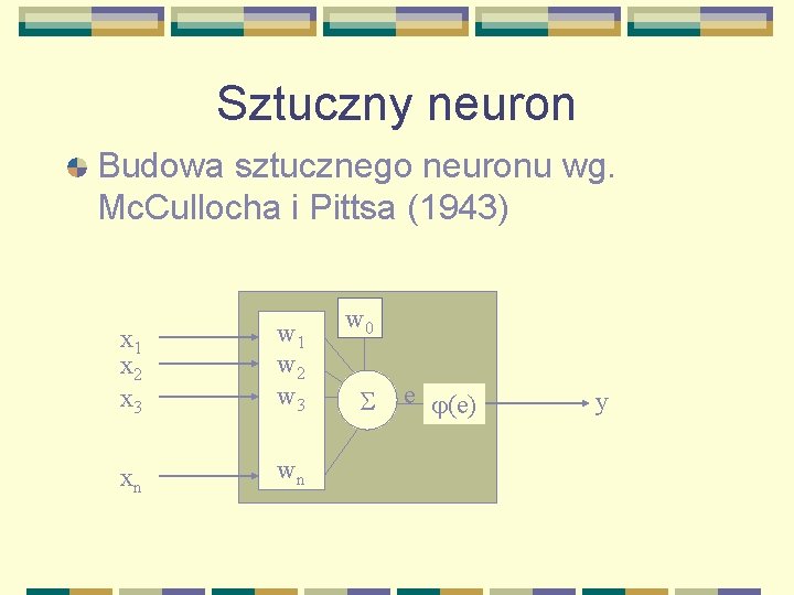 Sztuczny neuron Budowa sztucznego neuronu wg. Mc. Cullocha i Pittsa (1943) x 1 x