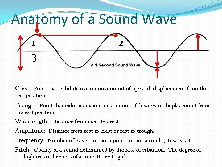 Anatomy of a Sound Wave 1 2 3 Crest: Point that exhibits maximum amount
