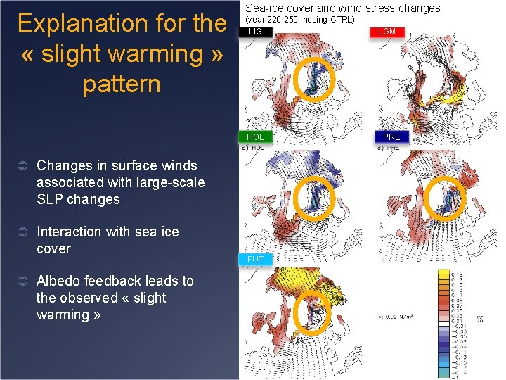 Explanation for the « slight warming » pattern Sea-ice cover and wind stress changes