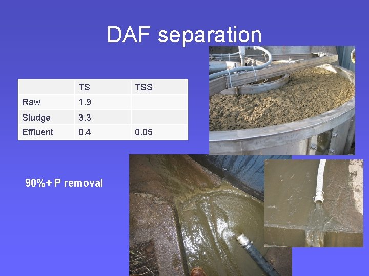 DAF separation TS Raw 1. 9 Sludge 3. 3 Effluent 0. 4 90%+ P DAF separation TS Raw 1. 9 Sludge 3. 3 Effluent 0. 4 90%+ P