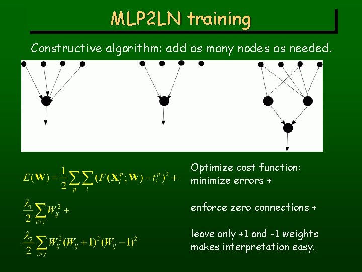 MLP 2 LN training Constructive algorithm: add as many nodes as needed. Optimize cost