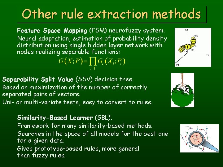 Other rule extraction methods Feature Space Mapping (FSM) neurofuzzy system. Neural adaptation, estimation of