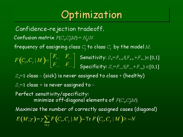 Optimization Confidence-rejection tradeoff. Confusion matrix F(Ci, Cj|M) = Nij/N frequency of assigning class Cj