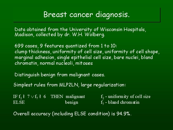 Breast cancer diagnosis. Data obtained from the University of Wisconsin Hospitals, Madison, collected by