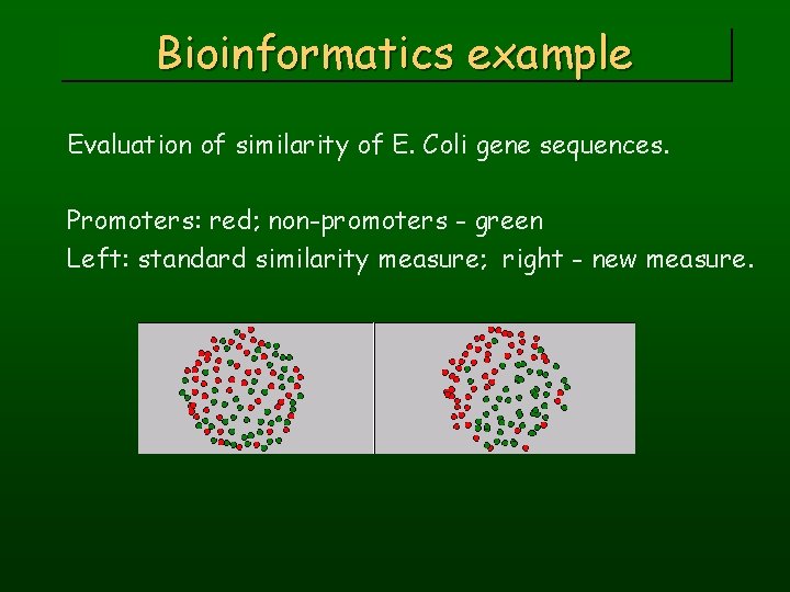 Bioinformatics example Evaluation of similarity of E. Coli gene sequences. Promoters: red; non-promoters -