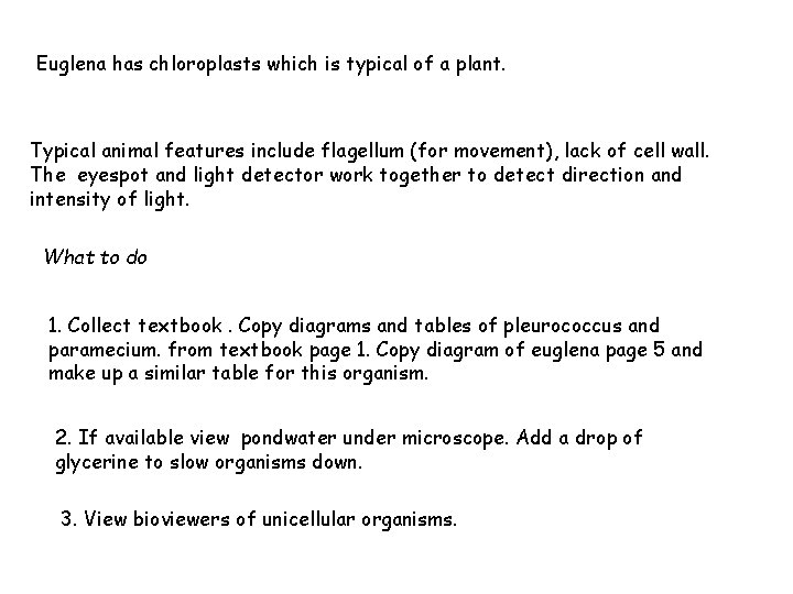 Euglena has chloroplasts which is typical of a plant. Typical animal features include flagellum