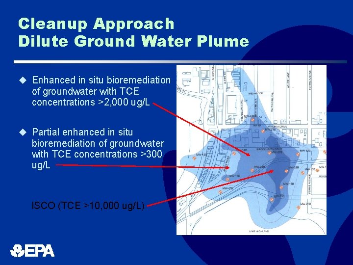 Cleanup Approach Dilute Ground Water Plume u Enhanced in situ bioremediation of groundwater with