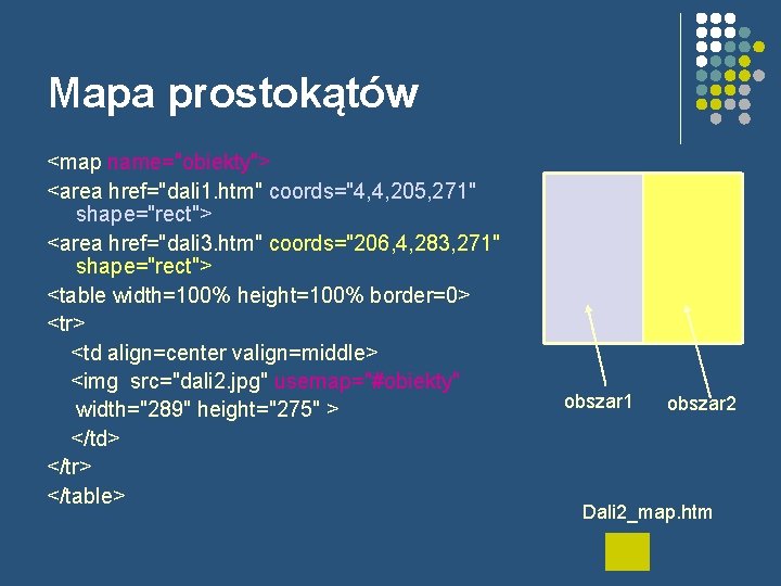 Mapa prostokątów <map name="obiekty"> <area href="dali 1. htm" coords="4, 4, 205, 271" shape="rect"> <area