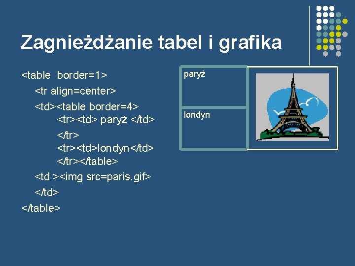 Zagnieżdżanie tabel i grafika <table border=1> <tr align=center> <td><table border=4> <tr><td> paryż </td> </tr>