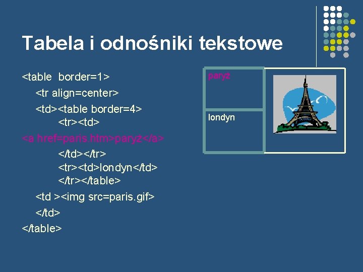Tabela i odnośniki tekstowe <table border=1> <tr align=center> <td><table border=4> <tr><td> <a href=paris. htm>paryż</a>
