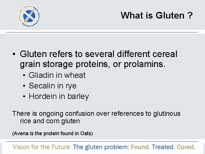 What is Gluten ? • Gluten refers to several different cereal grain storage proteins,