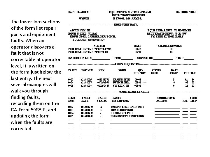 The lower two sections of the form list repair parts and equipment faults. When